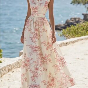 Maxi Linen Dress , Cap Sleeves, Stand Collar, Floral, Lace, Vintage, Apricot